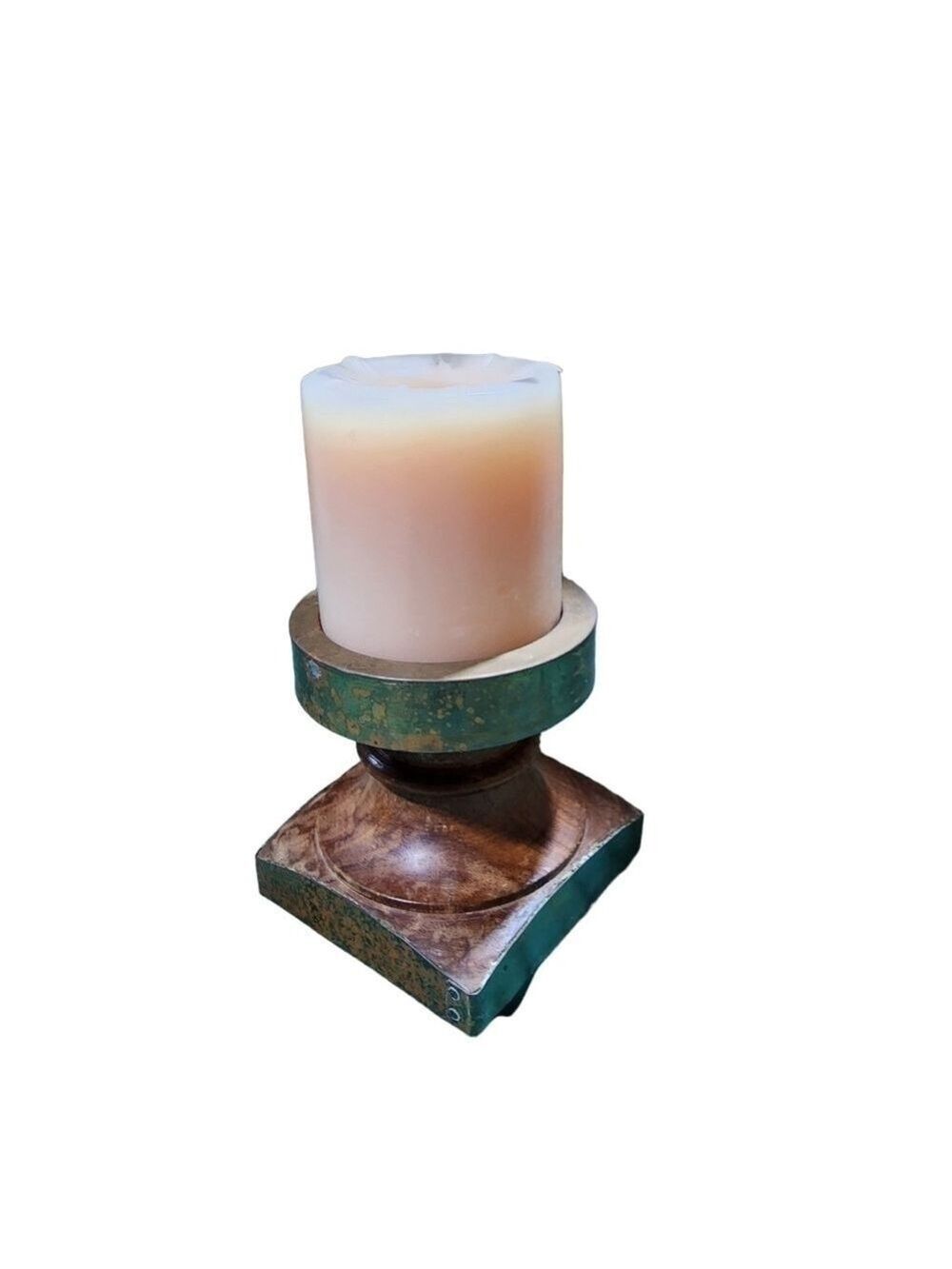 Wood & brass trim candle base holder vintage patina hand turned